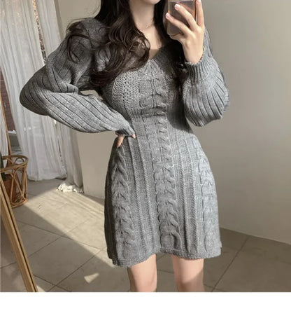 Korean Chic Autumn Gentle V-neck Linen Pattern Design Slimming Long Sleeve A- line Knitted Dress High Collar Ankle-length Dress