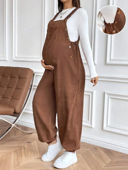 Maternity Clothes for Pregnant Women Pregnancy Clothing 2025 Autumn Winter Adjustable Waist Fashionable Loose Corduroy Overalls