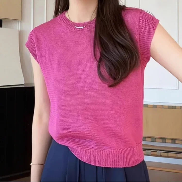 Korean Style Ice Silk Knitted Short Sleeve T-Shirt Women Summer Slim Fit Short Fashionable Top Crew Neck Solid Color