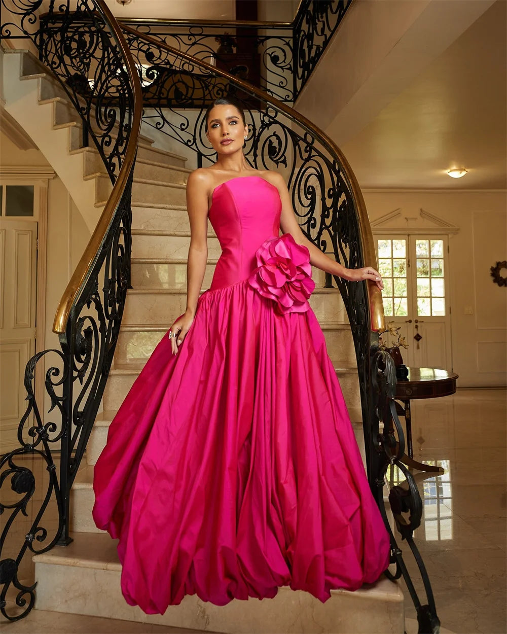 Amanda Customized Pink Strapless 3D Flower Prom Dresses Pleated Sleeveless vestidos de noche Mermaid Floor-Length Formal Evening