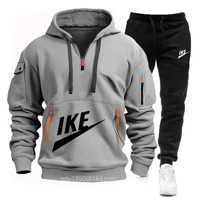 2025 new men's autumn and winter hoodie set fitness sports multi-zipper long-sleeved hooded jumper + 2 sets of casual pants