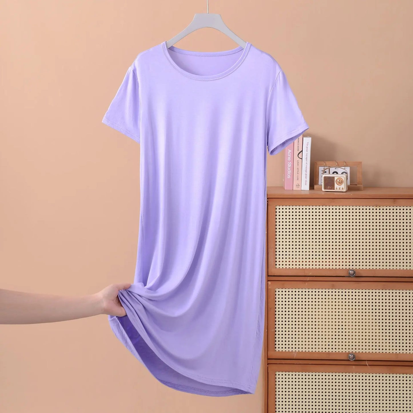 Plus size XL to 8XL Modal dress short sleeves summer women's cool dresses Solid color Bottomed sleepdress mid-length homewear