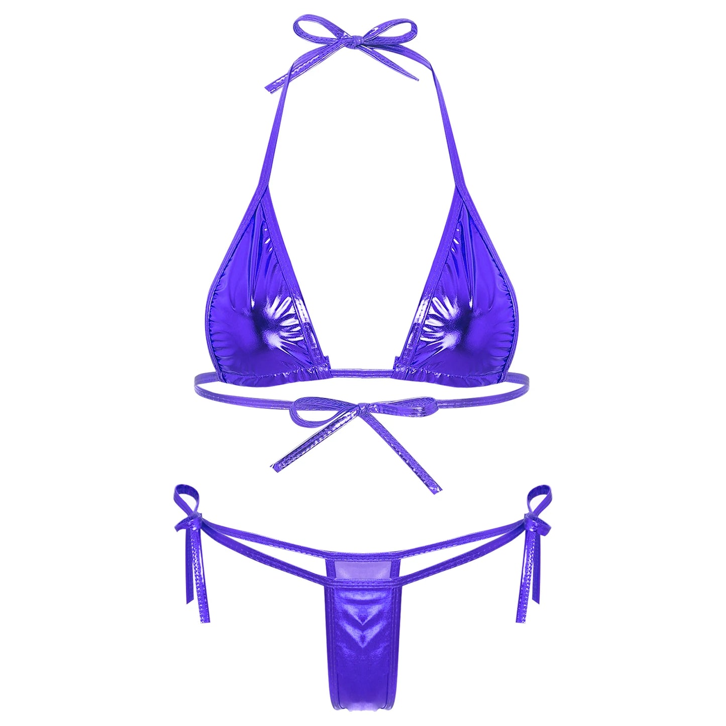 Womens Brazilian Micro Bikini Swimsuit Biquini Set Lacing Non-Padded Triangle Cup Bra Top with G-String Metallic Shiny Swimwear