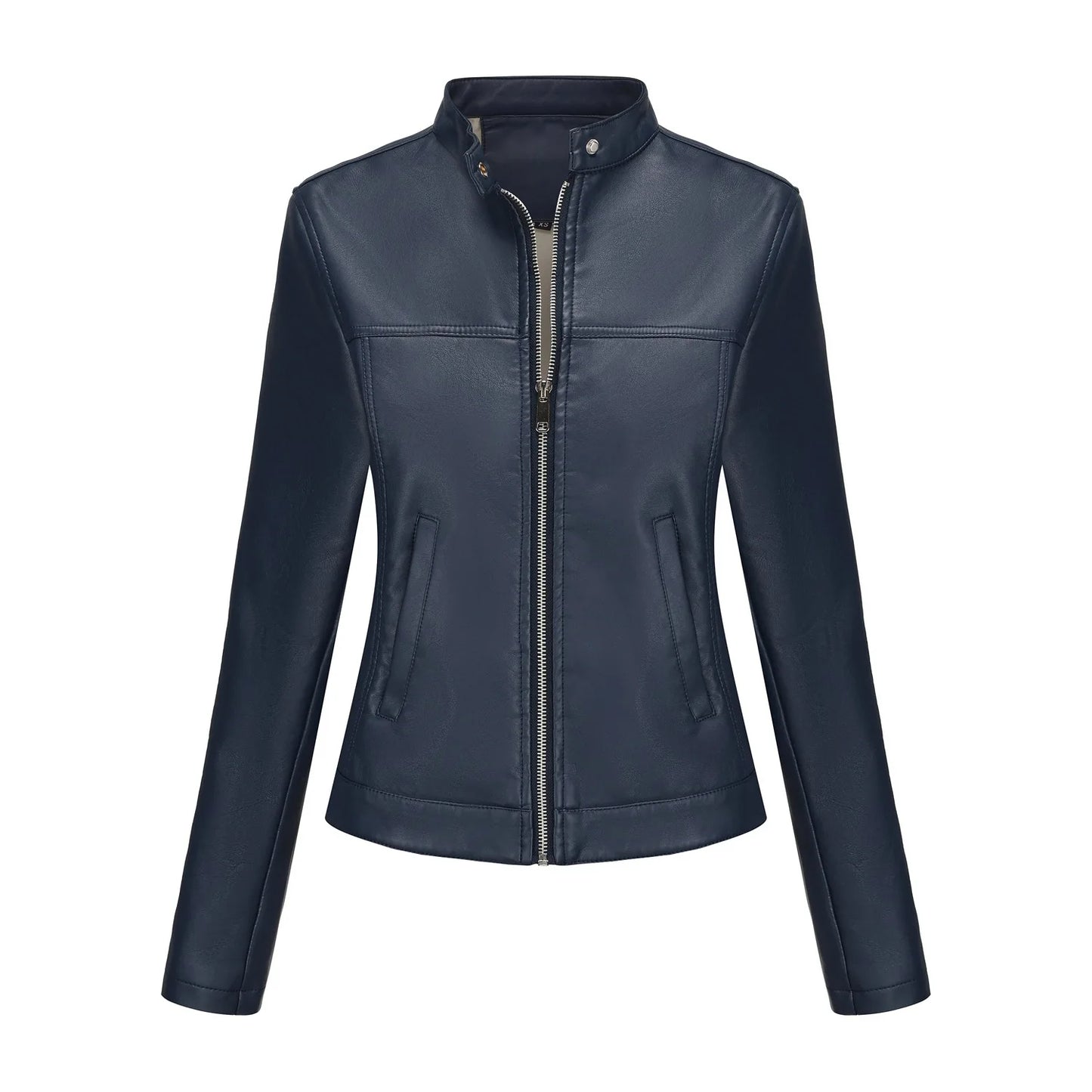 Black Women's Fitted Leather Jacket with Front Zipper & Side Pockets‌, Available in Brown, Navy Blue, and Beige.