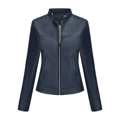 Black Women's Fitted Leather Jacket with Front Zipper & Side Pockets‌, Available in Brown, Navy Blue, and Beige.