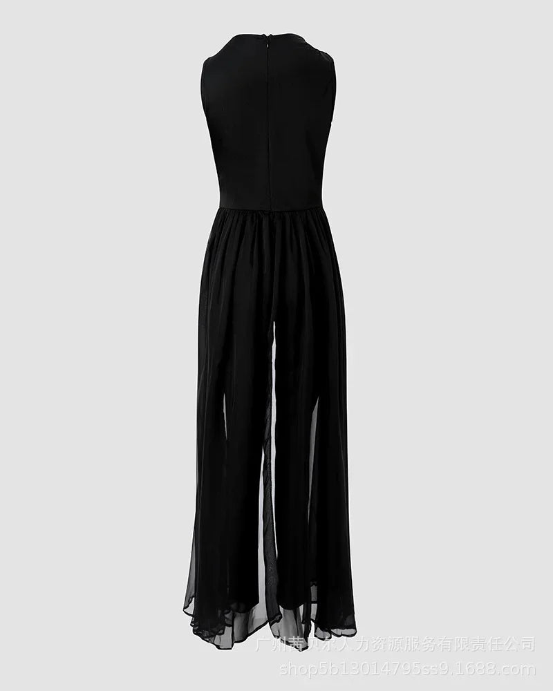 Women Jumpsuit 2026 Summer Simple Sleeveless Round Neck Rhinestone Fashion Sexy Sheer Mesh Daily Casual Commuting Jumpsuit