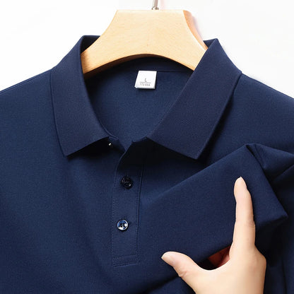 Autumn new men's long sleeved cotton polo shirt, middle-aged business, comfortable, solid color, loose men's lapel T-shirt