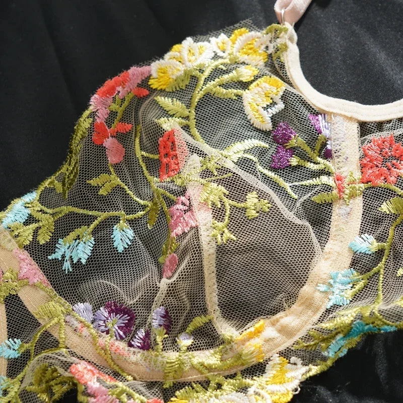 Floral Embroidery Lace Bras Set Women Sheer 2-Piece Sexy Bra + Panties Lingerie Fashion Underwear Set Intimates