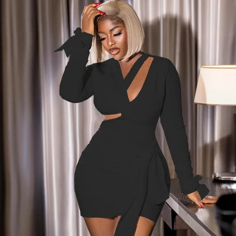 Elegant Black White Bodycon Dresses for Woman Long Sleeve Hollow Out Lace-Up Backless Bandage Party Dress Club Vestido Branco