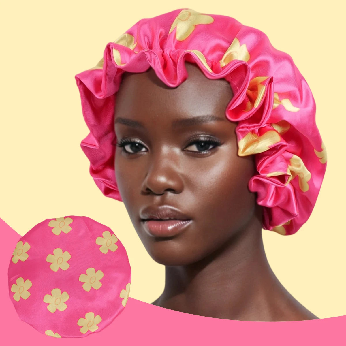 1 Piece Satin Silk Sleep Cap with Fruit Animal Print Double Layer Comfortable for Daily Use