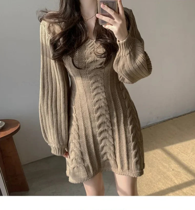 Korean Chic Autumn Gentle V-neck Linen Pattern Design Slimming Long Sleeve A- line Knitted Dress High Collar Ankle-length Dress