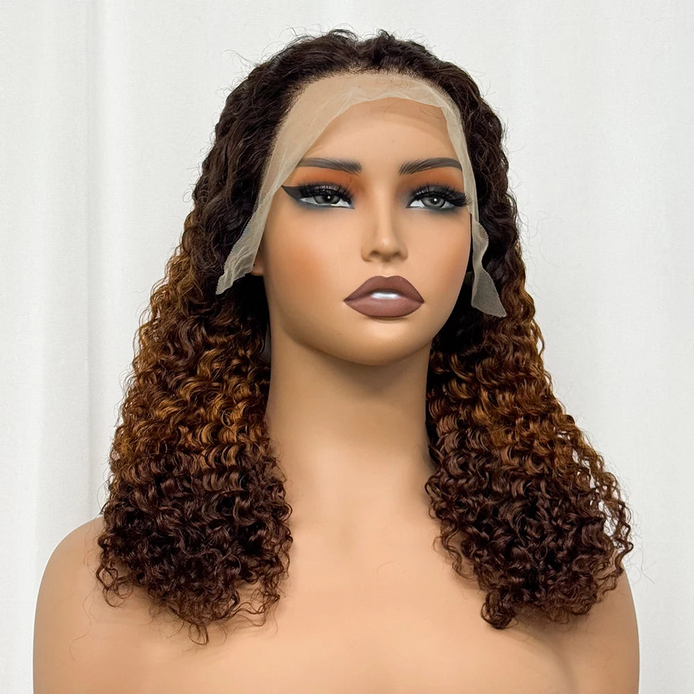 Double Drawn 250% Density Ombre 18 Inches Water Wave Curly Human Hair Wigs 13x4 Transparent Lace Frontal Hair Wig for Women