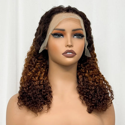 Double Drawn 250% Density Ombre 18 Inches Water Wave Curly Human Hair Wigs 13x4 Transparent Lace Frontal Hair Wig for Women