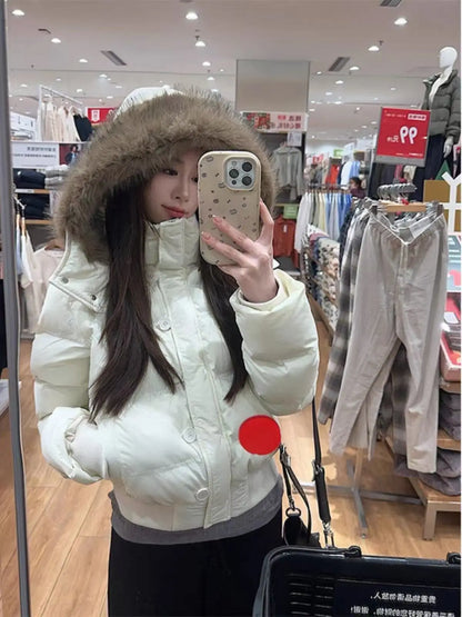 Autumn Winter Fur Hooded Jacket Women Outerwear Thick Dowon Cotton Padded Slim Short Parkas Female Cropped Puffer Bubble Coat