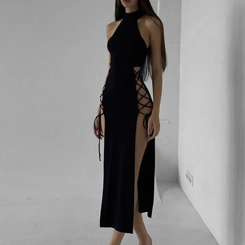 Goth Dark Cosplay High Split Sexy Bandage Women Dresses Y2K Mall Gothic Halter Slim Midi Dress Black Grunge Style Alt Partywear
