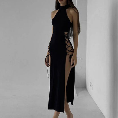 Goth Dark Cosplay High Split Sexy Bandage Women Dresses Y2K Mall Gothic Halter Slim Midi Dress Black Grunge Style Alt Partywear
