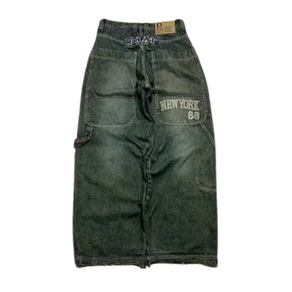 Streetwear 90s American New Trend Retro Skull Embroidery Baggy Jeans Men's Y2K Harajuku Hip-Hop Gothic Leisure Skateboard Pants