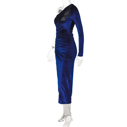 Women Elegant Long Sleeve Party Evening Velvet Bodycon Split Pencil Midi Dress 2025 Spring Autumn Clothes