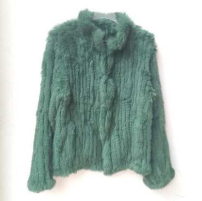 Women Winter Real Rabbit Fur Knitted Coat Female Casual Long Sleeve Genuine Fur Jacket Warm Thick Outwear Femme