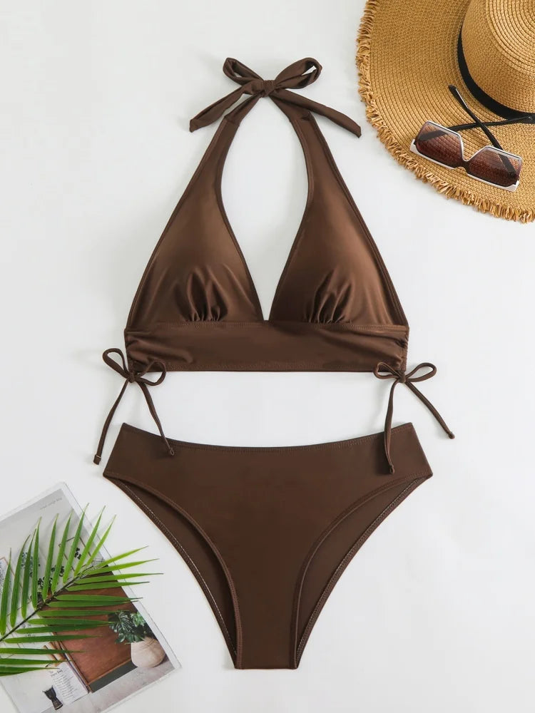 Bikini Women Swimsuit 2025 New Solid Halter V Neck Bikinis Set Sexy High Waist Swimwear Summer Beachwear Bathing Suit For Female