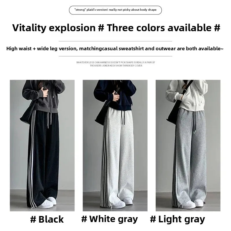 Black Striped Sports Pants Women's Spring Autumn Wide Leg Casual Loose High Waist Straight Leg Sweatpants