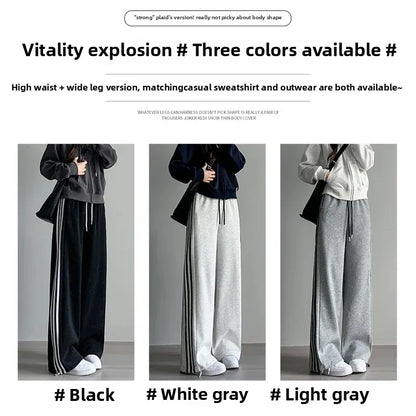 Black Striped Sports Pants Women's Spring Autumn Wide Leg Casual Loose High Waist Straight Leg Sweatpants