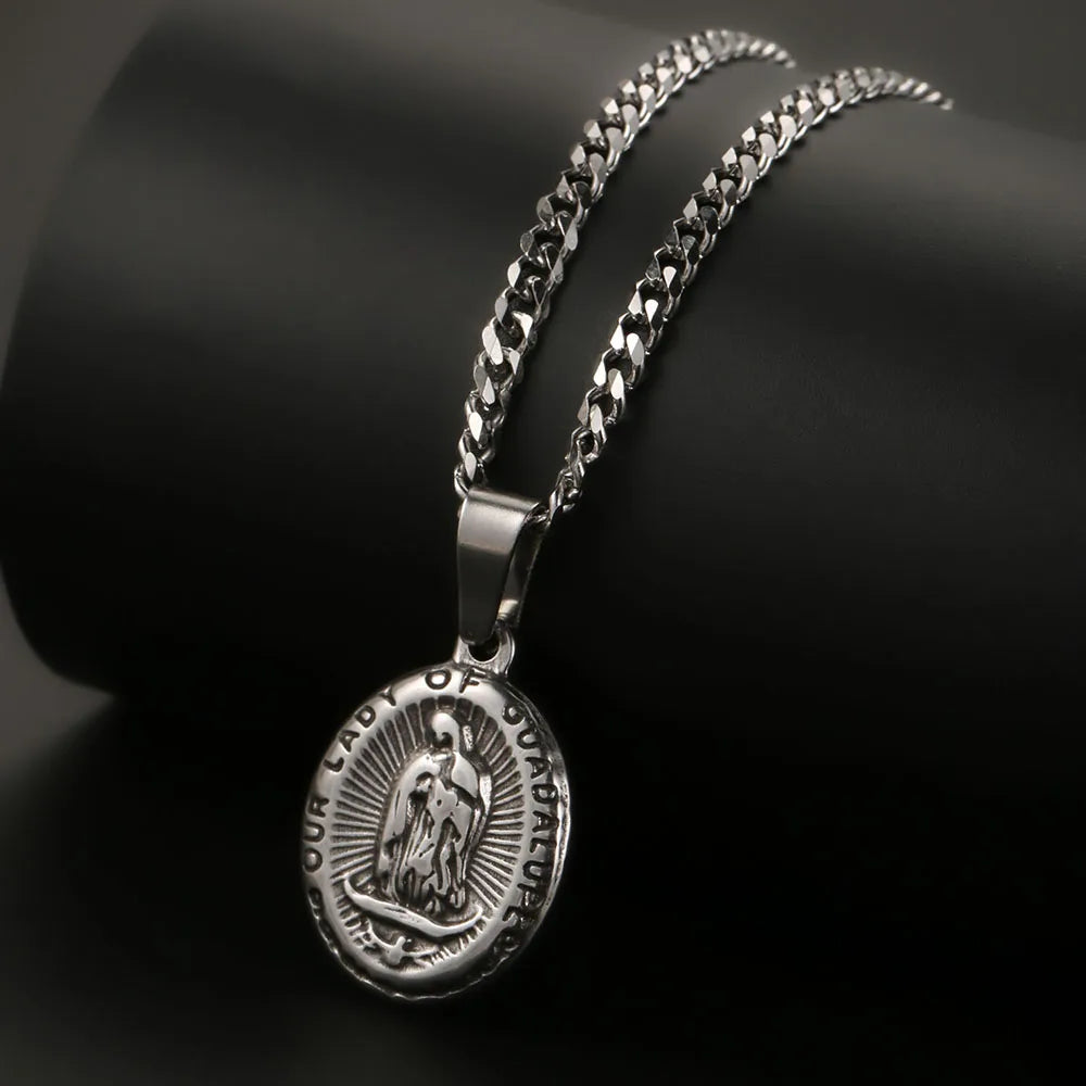1PC Vintage Fadeless Stainless Steel Virgin Mary Necklace for Men Women Saint Benedict Medal Necklace Men Spiritual Jewelry