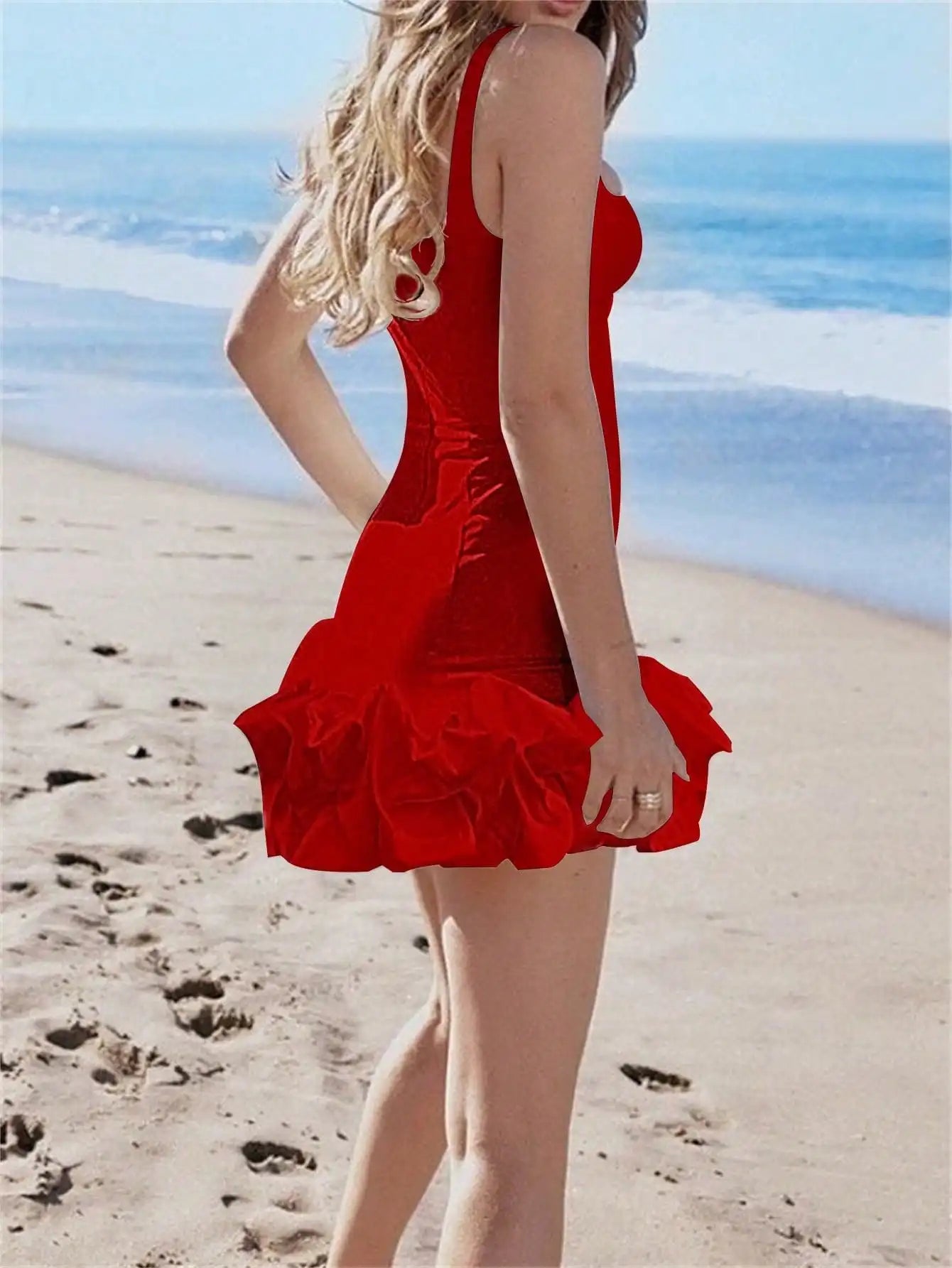 2025 Women's Summer Bodycon Mini Dress with Spaghetti Straps Tight Mini Dress with Ruffled Hem Beach Party Dress