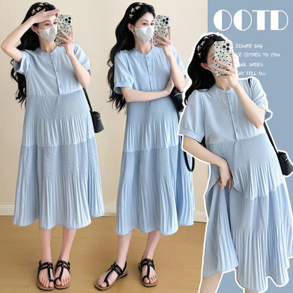 I79359# Pregnant Womens Clothing Cakedress Simple Loose Elegant Summer New Arrival Women Pregnant Mid-Long Maternity Dresses
