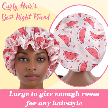 1 Piece Satin Silk Sleep Cap with Fruit Animal Print Double Layer Comfortable for Daily Use