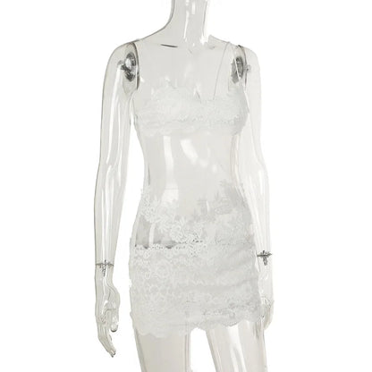 Shestyle Lace Transparent Mini Dress Sexy Women Wrapping Spaghetti Embroidery Flower Sheath Nightwear Club Mesh Wave Fantacy