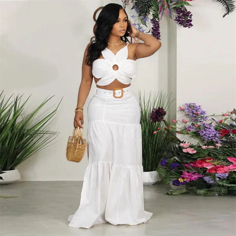 Sexy Party Club 2 Piece Sets Women Outfit Summer Dress Flower Crop Top and Long Skirt Set Elegant Vacation Festival Outfits