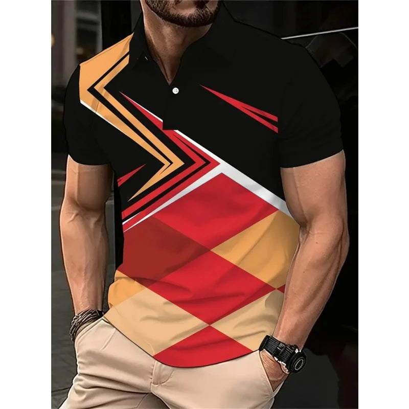 New 3D Printed Colorful Striped Man Polo Shirts Geometric Color Block Pattern Men's Clothes Shirt Casual Lapel Short Sleeve Tops