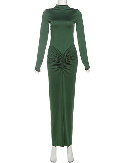 kliou Shirring Women Classic Maxi Dress Autumn New Solid Long Sleeve High Collar Body-shaping Vestidos Mujer Concise Trend Robe