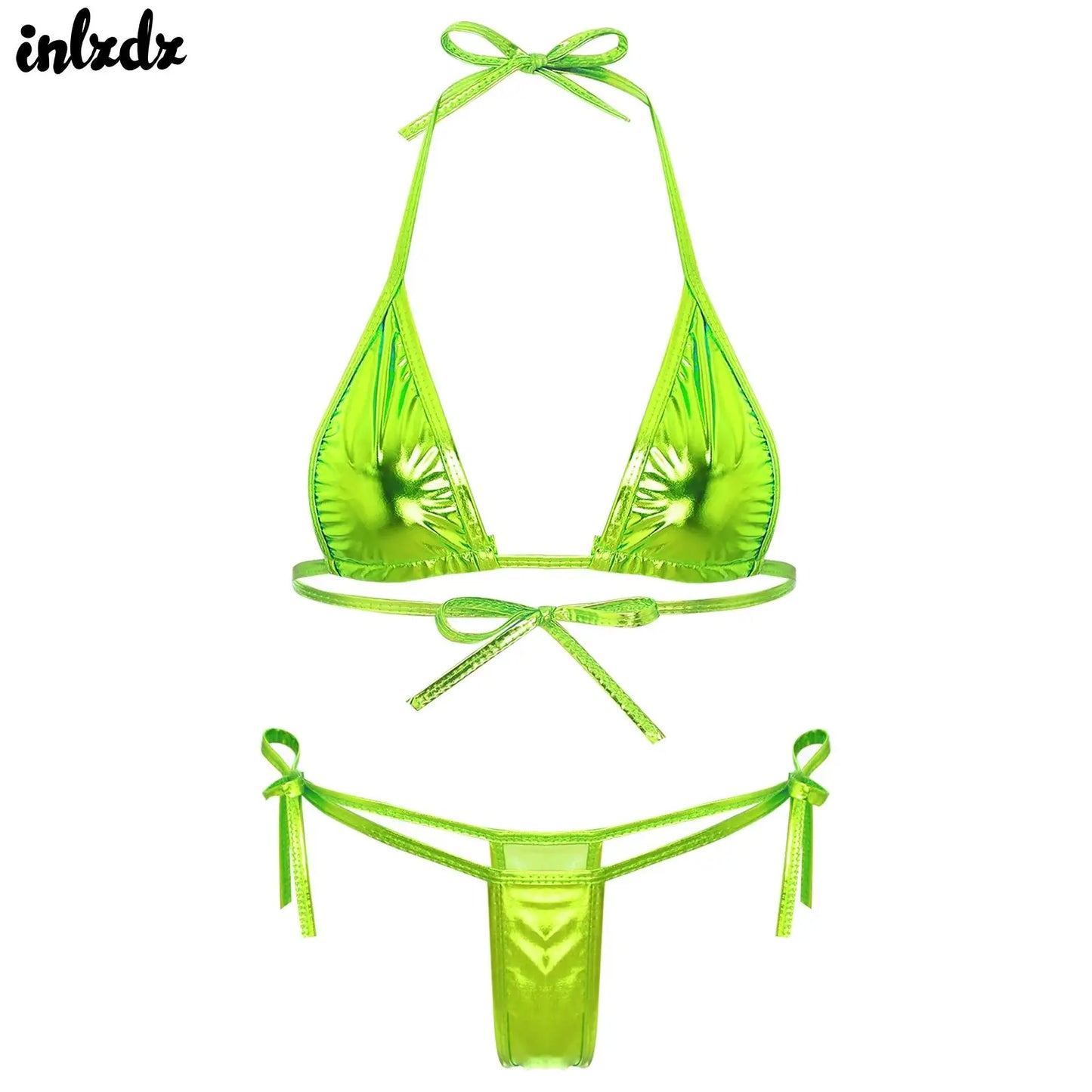 Womens Brazilian Micro Bikini Swimsuit Biquini Set Lacing Non-Padded Triangle Cup Bra Top with G-String Metallic Shiny Swimwear