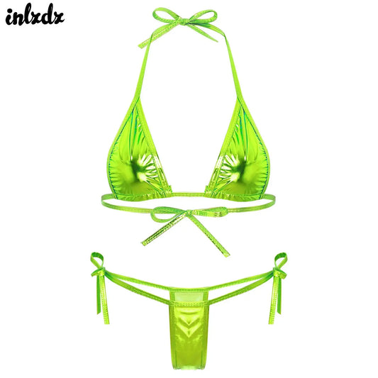 Womens Brazilian Micro Bikini Swimsuit Biquini Set Lacing Non-Padded Triangle Cup Bra Top with G-String Metallic Shiny Swimwear