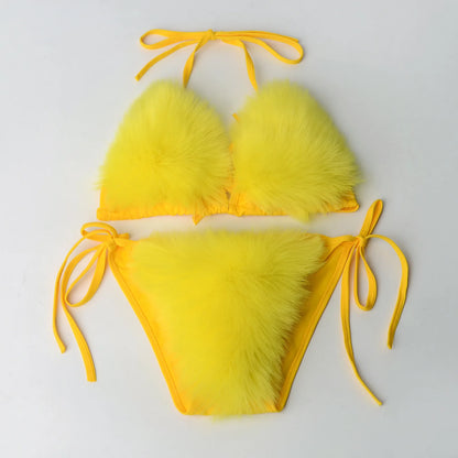 Summer Women Fake Fox Fur Sexy Halter Solid Color Bikini Set Swimsuits Triangle Sexy Bikini Set Faux Fur Swimsuit Plush Swimwear
