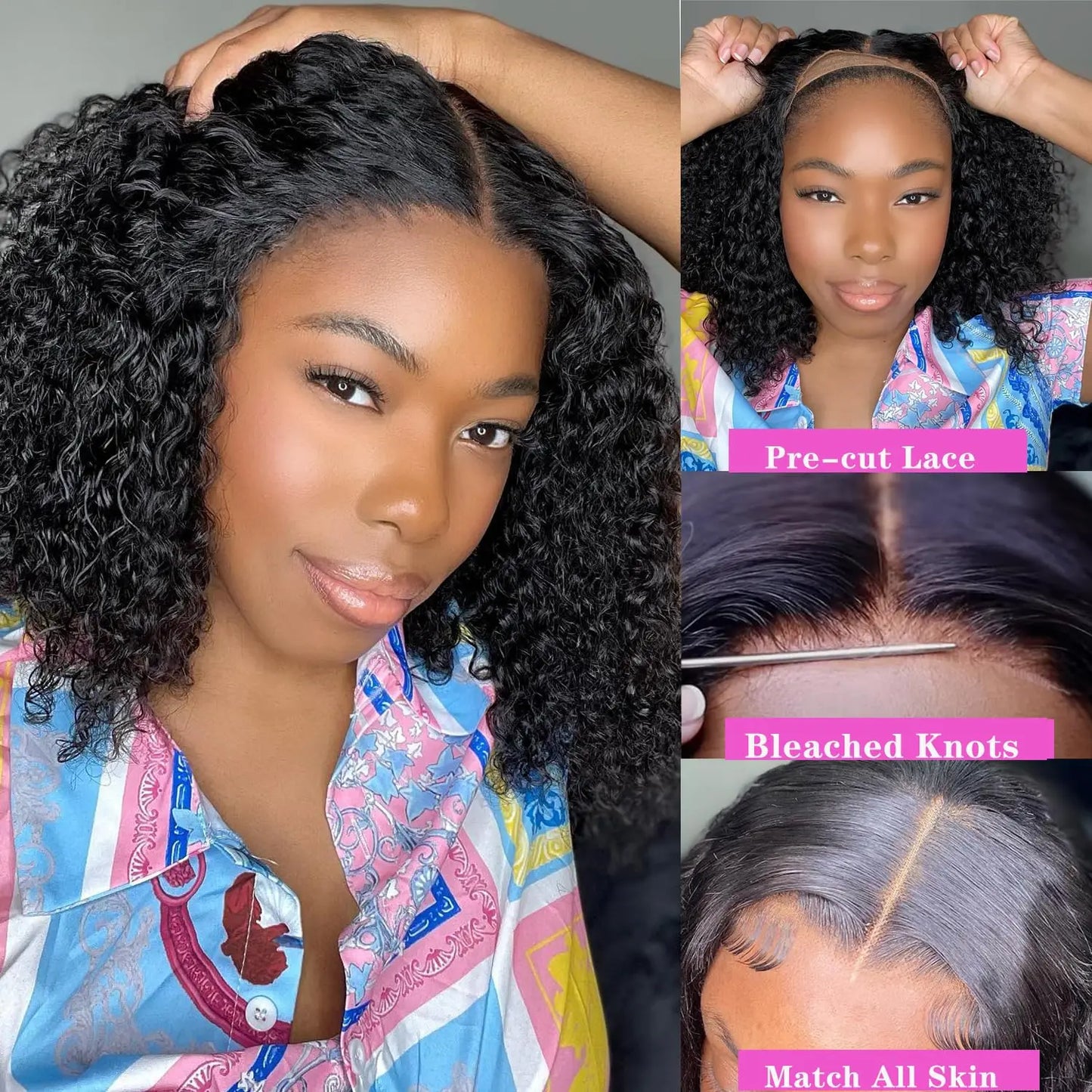 Deep Wave Glueless Wigs Human Hair Ready to Wear Curly Bob Wig Lace Front Wigs Wear And Go Pre Plucked Pre Cut Lace Closure Wigs