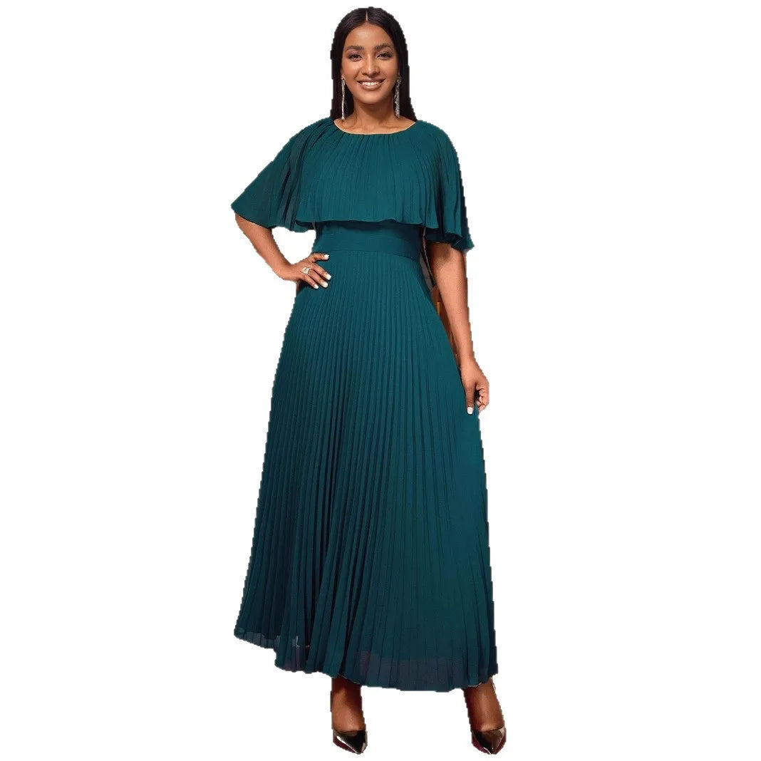 Elegant Plus Size Pleated Maxi Dress O Neck Cloak Sleeve High Waist  Perfect for Evening Event Wedding Guest or Formal Occasions