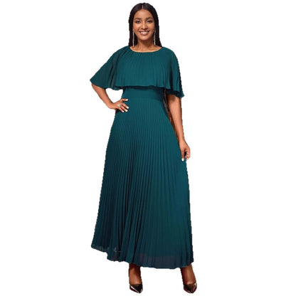 Elegant Plus Size Pleated Maxi Dress O Neck Cloak Sleeve High Waist  Perfect for Evening Event Wedding Guest or Formal Occasions
