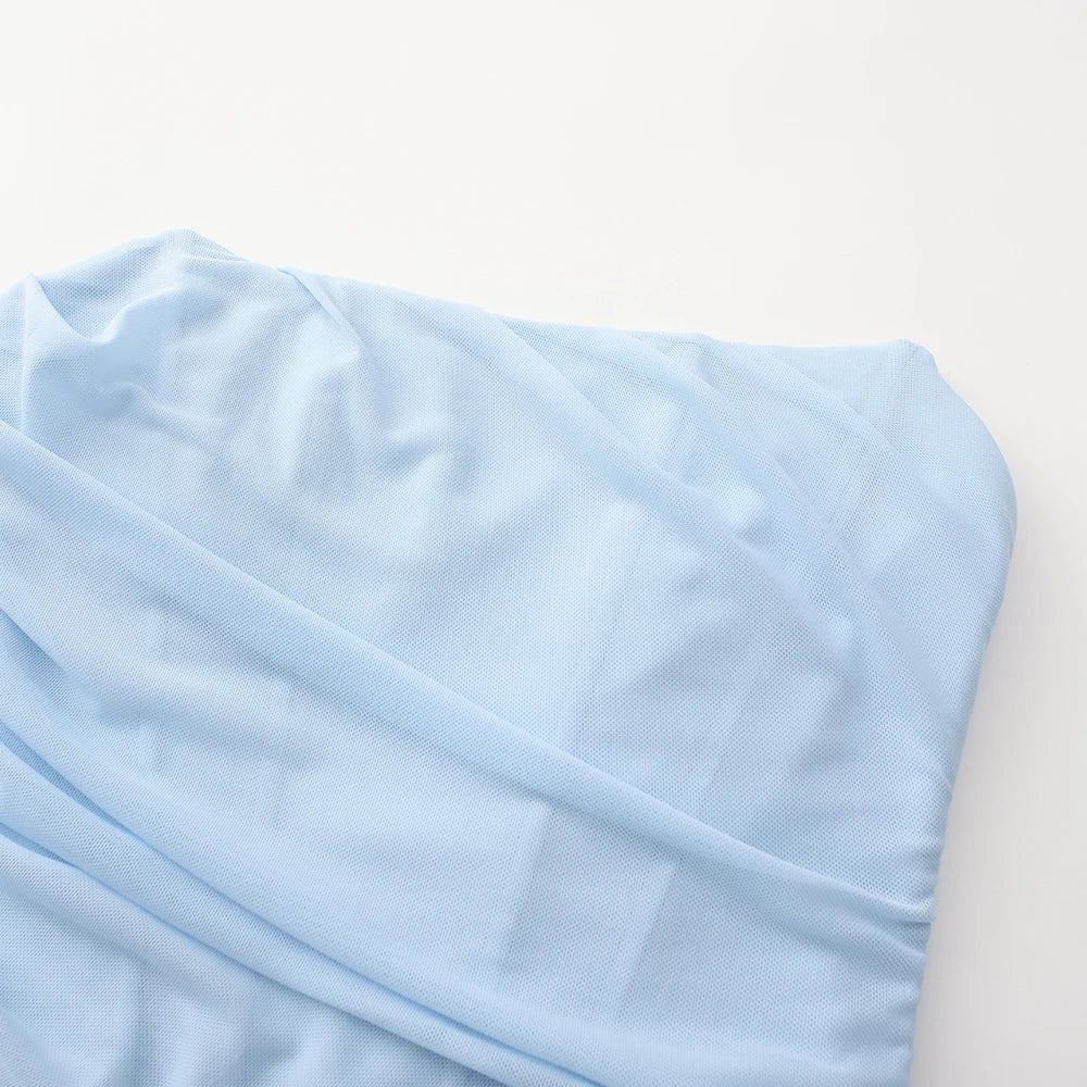 Mingmingxi Elegant Maxi Wedding Guest Dress Set Sexy Strapless Blue Cropped Top Set Bodycon Holiday Party Dresses Women