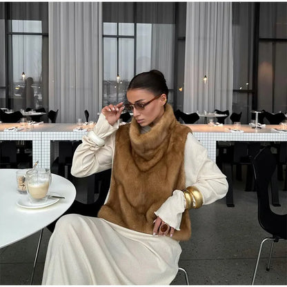 Solid Faux Fur Vest Crop Top Women Fashion Turtleneck Fluffy Short Tank Tops 2025 Winter Female Elegant Sleeveless Jacket Coat