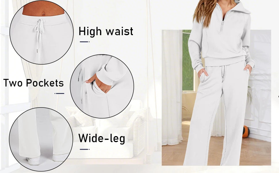 Solid Two-piece set Women Fashion Long Sleeve Zipper Sweater Pullover Tie up Pocket Wide Leg Pant Suit Loose Casual Sport Sets