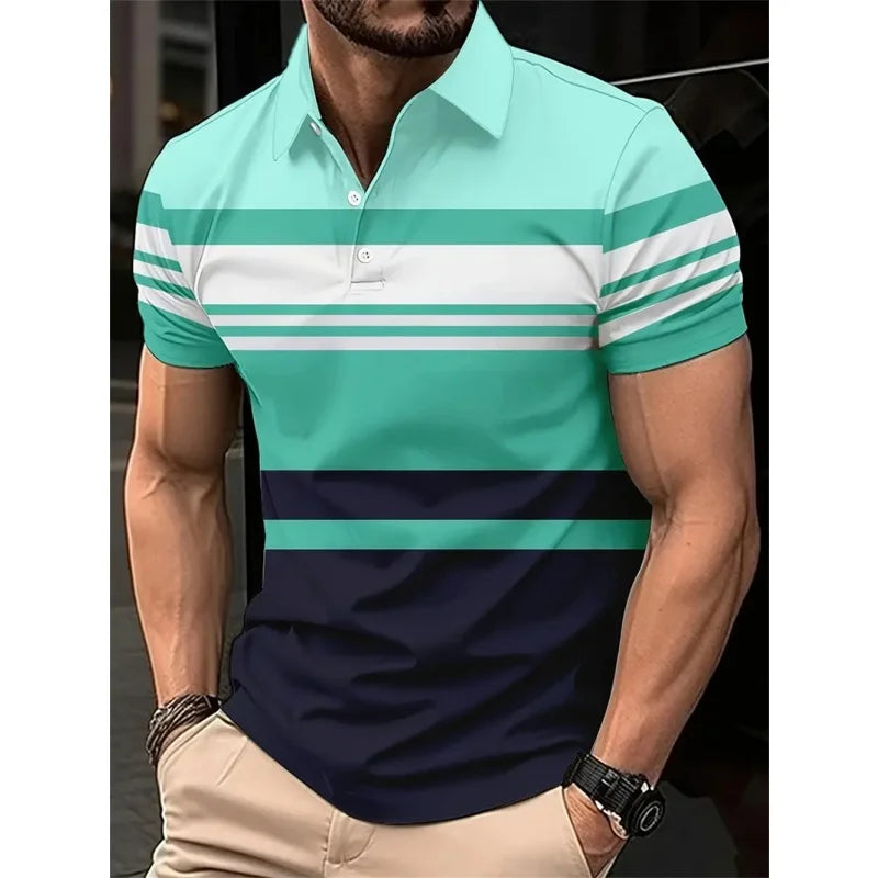 3D Print Striped Color Block Polo Shirt For Men Colorful Pattern T-Shirt Summer Casual Lapel Tops Loose Short Sleeve Street Tees