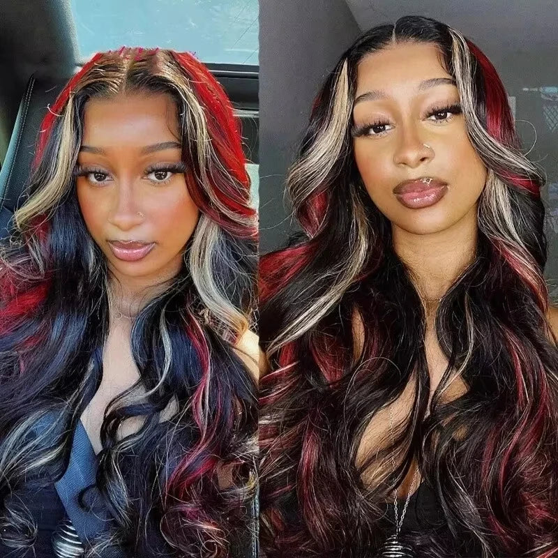 Black Red Blonde Highlights High Gloss Human Hair Wigs Body Wave Lace Front Wig 5x5 HD Lace Glueless Wig 180% Density 34 inch