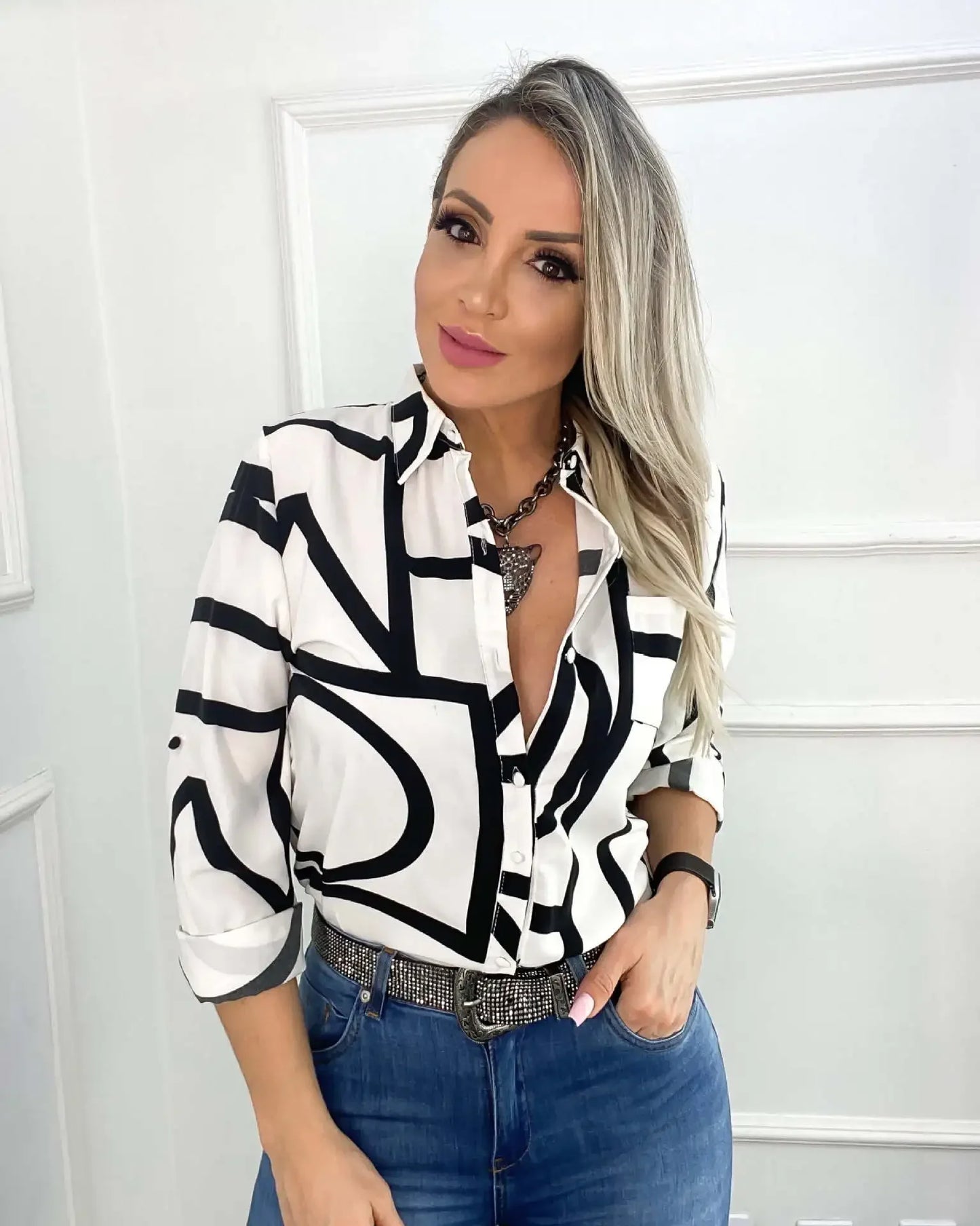 Women Geometric Print Shirt, Spring and Autumn Fashion Long-sleeved Shirts, Camisa Girls Chemise Size S M L XL XXL