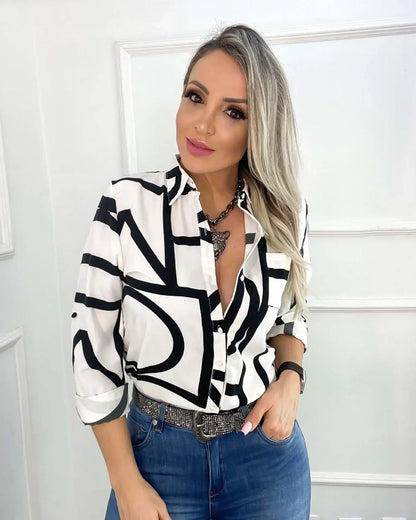 Women Geometric Print Shirt, Spring and Autumn Fashion Long-sleeved Shirts, Camisa Girls Chemise Size S M L XL XXL