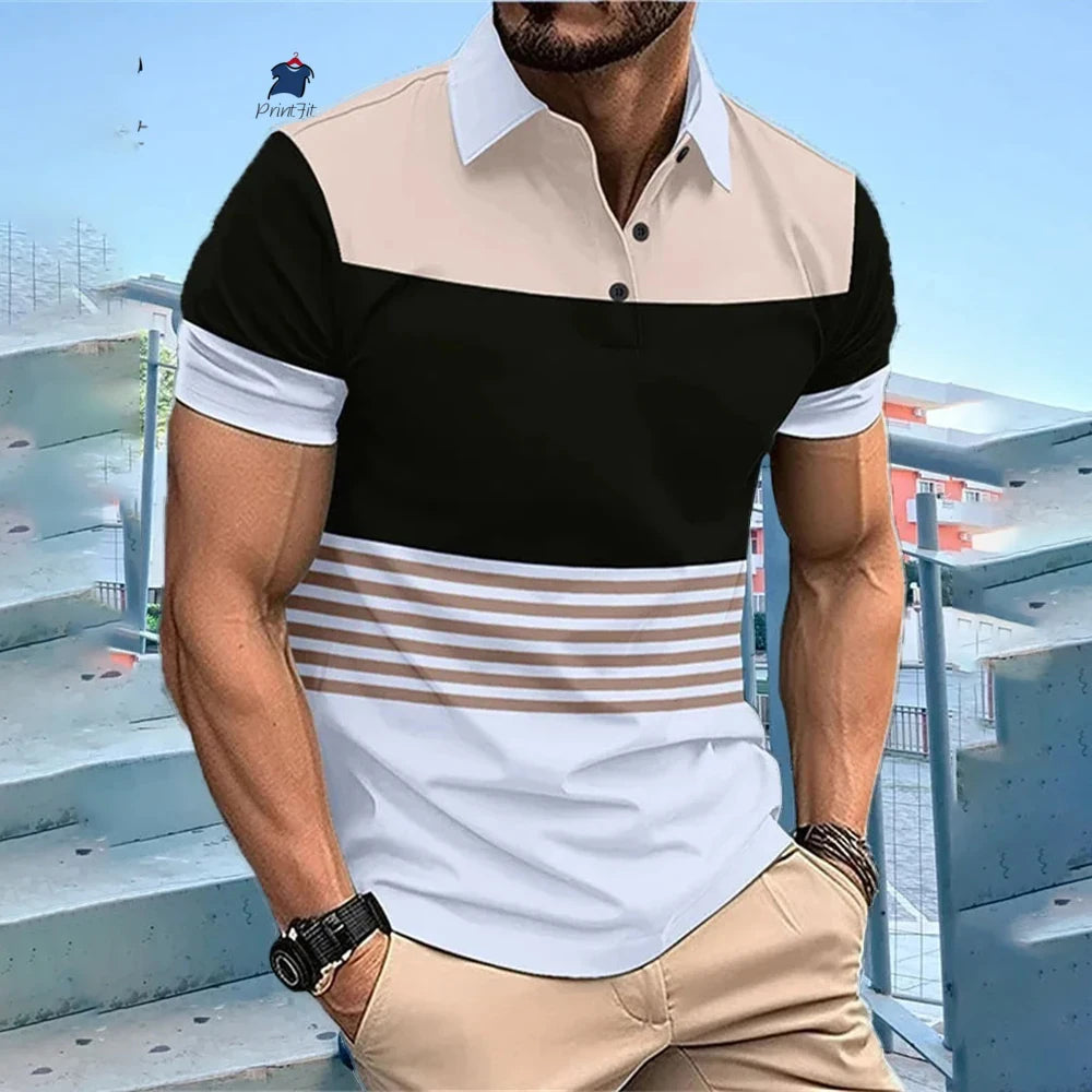 New Summer Striped Patchwork Striped Men's Polo T-shirt Fashion Lapel Button Sports Trend Street Wear Short Sleeve Top Men Shirt