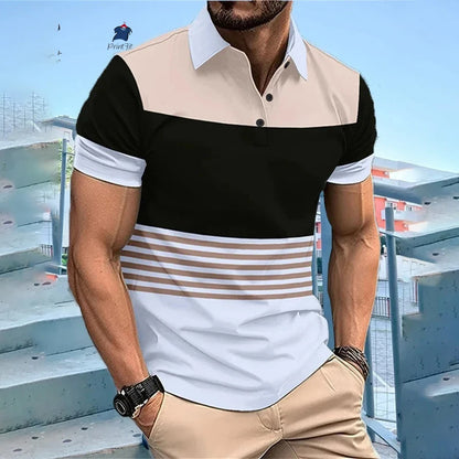New Summer Striped Patchwork Striped Men's Polo T-shirt Fashion Lapel Button Sports Trend Street Wear Short Sleeve Top Men Shirt