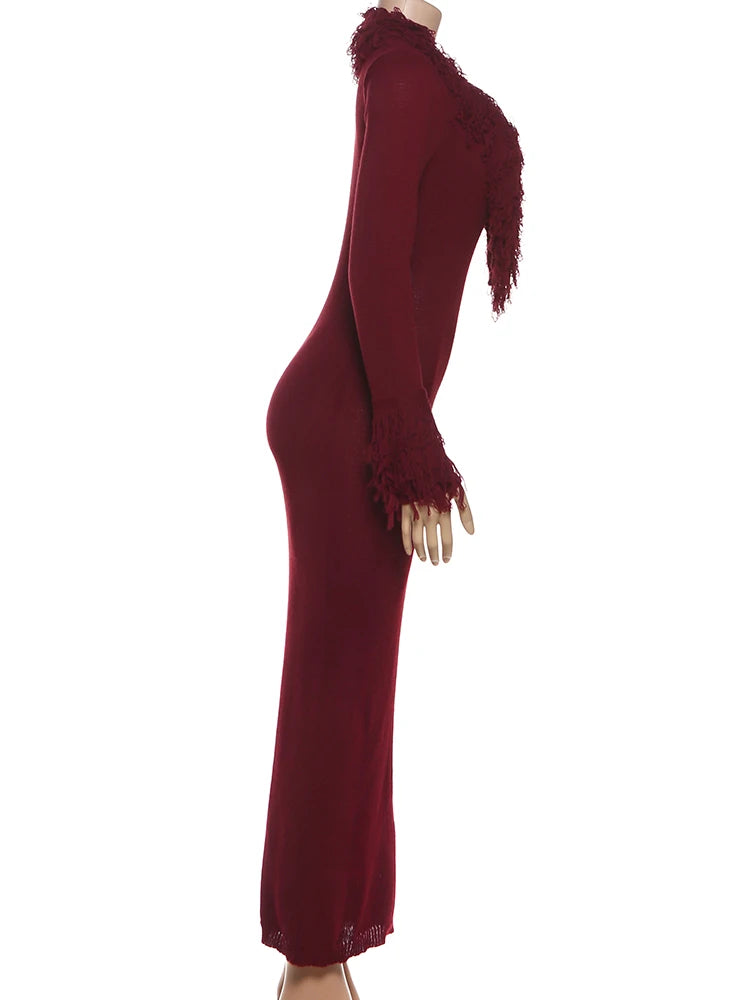 Cutenew Knit Deep V-Neck Furry Tassel Dress Women Winter Trend Sexy Elegant Peach Hip Christmas Party Stretch Slim Bodycon